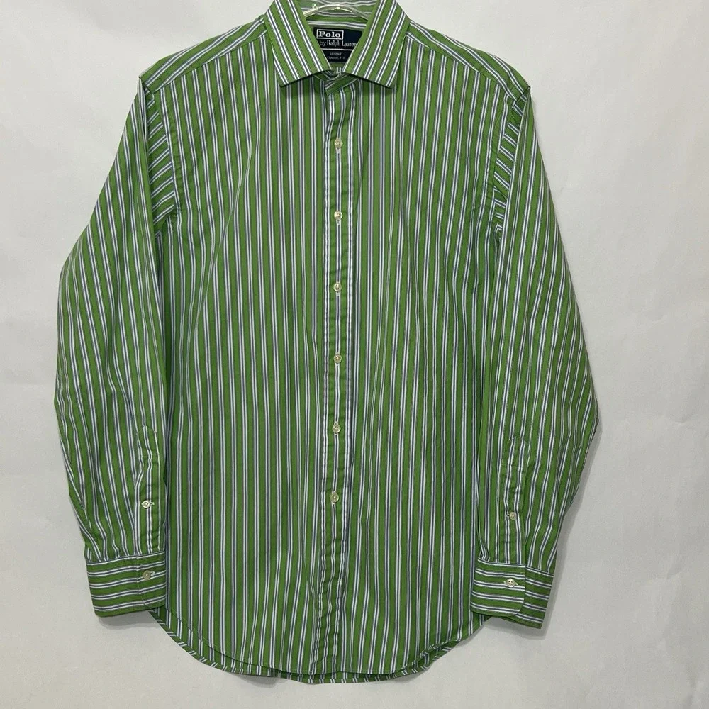 Polo Ralph Lauren Classic Oxford Long Sleeve Green Striped Shirt Men 16 34/35